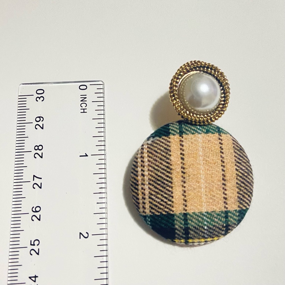 Plaid and Faux Pearl Button Earrings - Picture 5 of 5